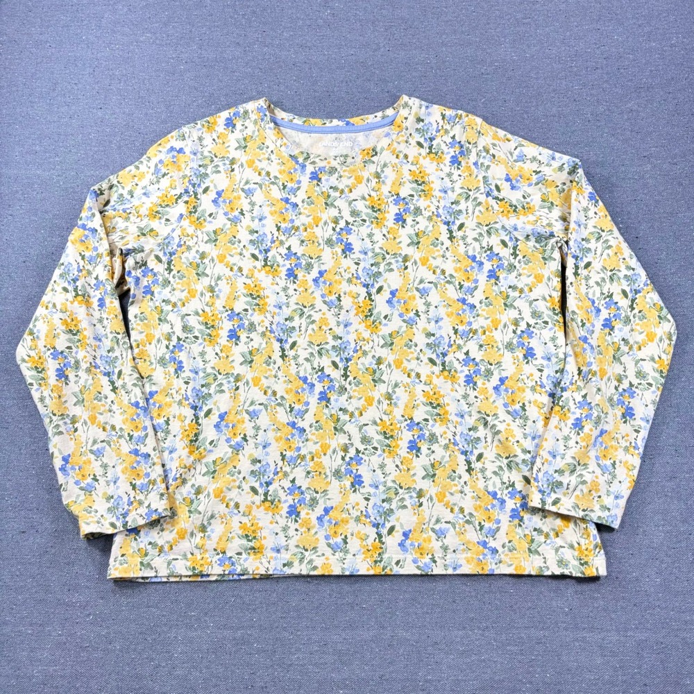 Lands End Floral Tee Women Petite M 10-12 Yellow Blue Cotton Long Sleeve Top